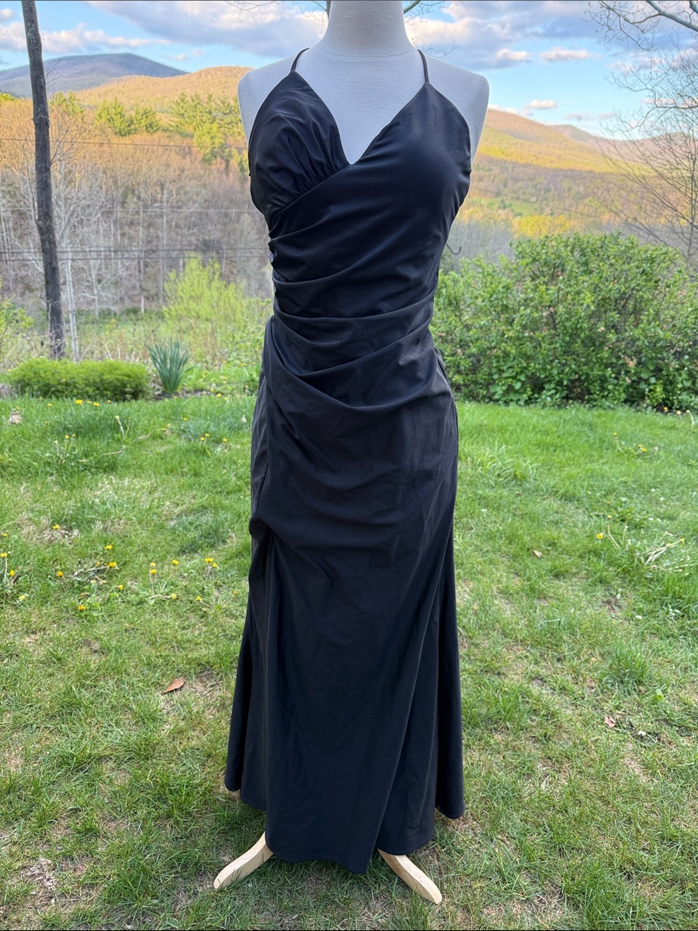 Xscape Black Ruched Spaghetti-Strap Evening Gown